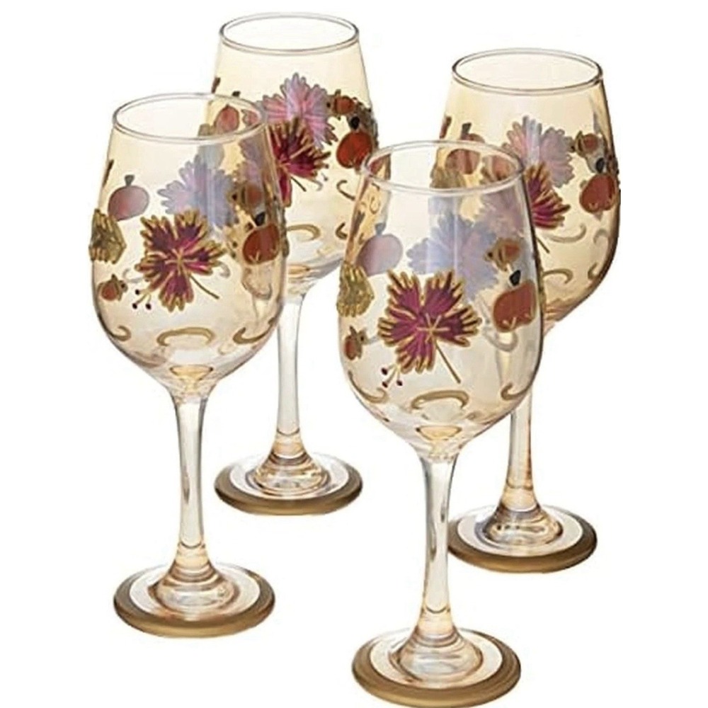 Pfaltzgraff Plymouth Leaf Luster Wine Glasses Set of 4 Thanksgiving Fall New
